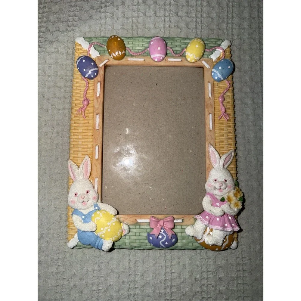 Vintage Easter Bunny Rabbit Picture Frame Resin Pastel Eggs Spring Photo Frame
